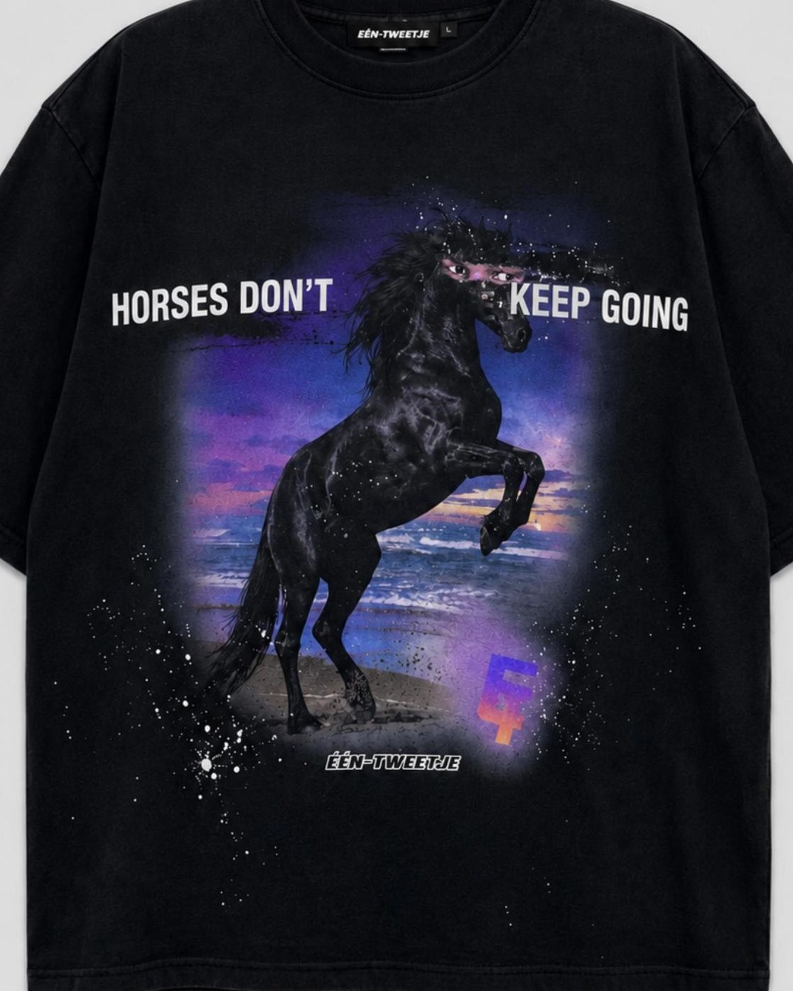 The Horse T-shirt print: a rearing black horse under a purple sky